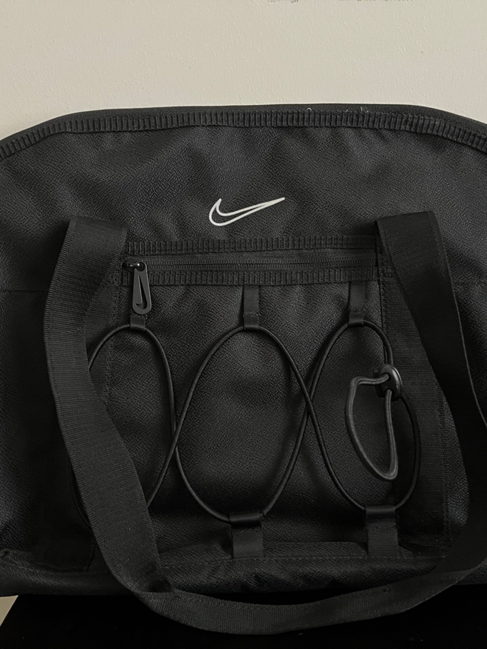 New! Nike Black Duffel Bag with Front Bungee and Swoosh